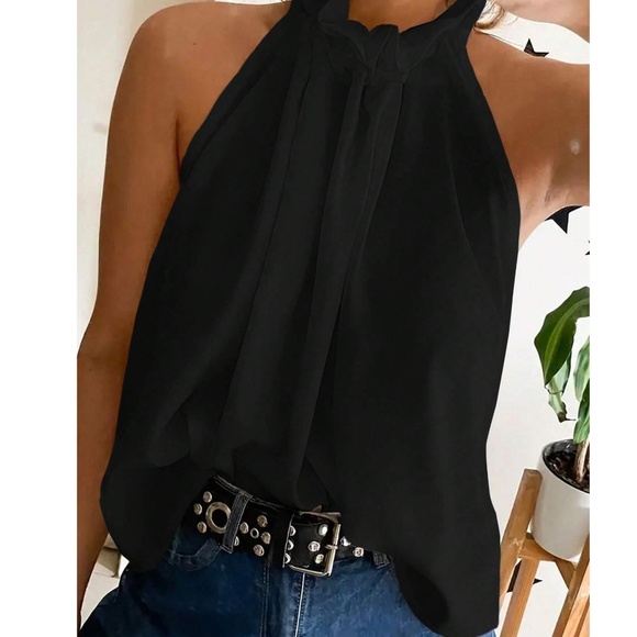 Solid Frill Tie Back Sleeveless Halter Tank Top - Picture 2 of 7